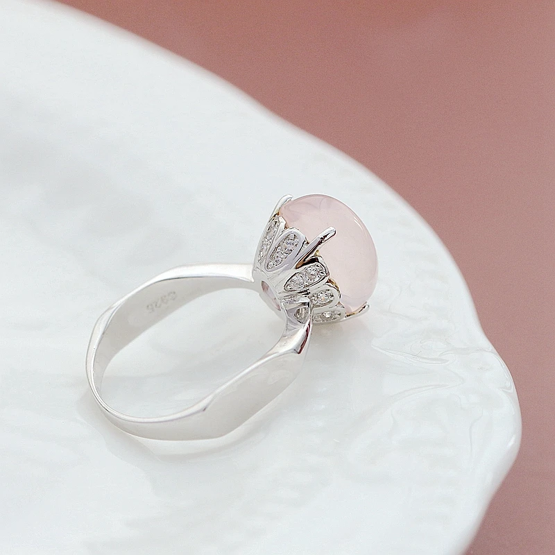 

Authentic 925 Sterling Silver Rings Handmade Inlaid Natural Rose Quartz Trendy Style Ring Concise Creativ Women Jewelry Gift