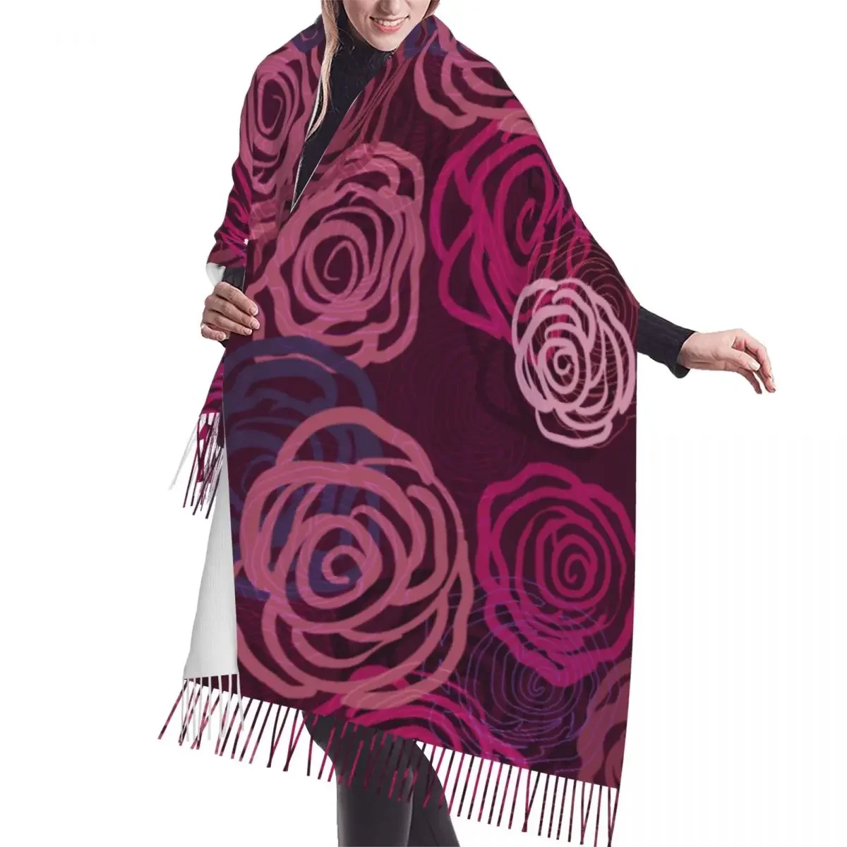 

Winter Tassel Scarf Lilac Abstract Roses Women Cashmere Scarves Neck Head Warm Pashmina Lady Shawl Wrap Bandana