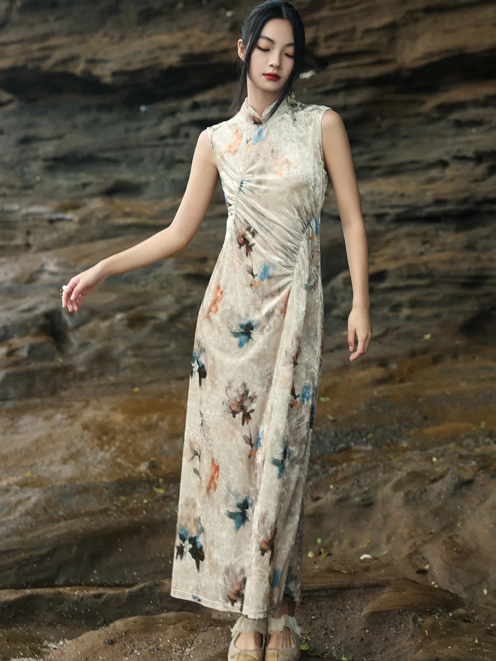 

Женское винтажное платье без рукавов, плиссированное бархатное платье в китайском стиле с цветами и тенями, с воротником-стойкой