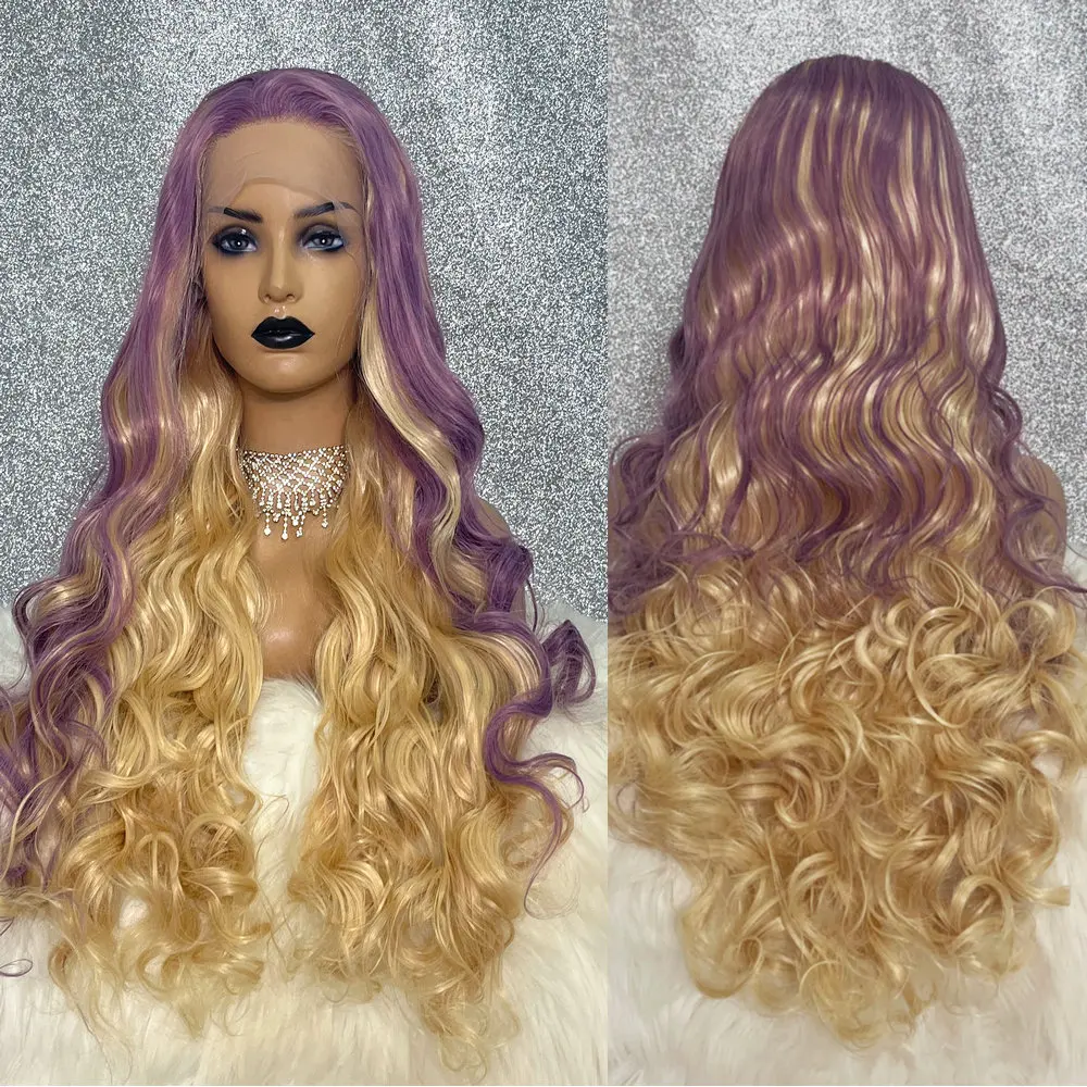 

Purple Color Synthetic Body Wave 13x3.5 Lace Front Wig Glueless Heat Resistant Drag Queen Cosplay Wigs For Women Pre Plucked