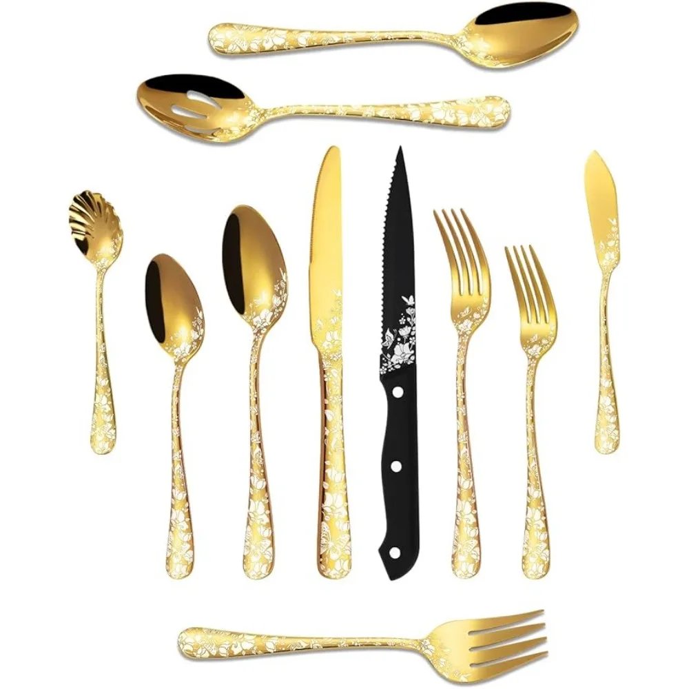 

53-Piece Gold Silverware Set Serving,Stainless Steel Gold Flatware Cutlery Sets,Mirror Eating Utensils Tableware Dishwasher Safe