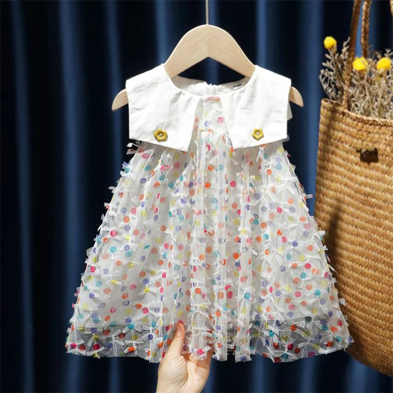 

95% Cotton Summer Button Splicing Net Yarn Pleated Skirt Girls Kids O-Neck Hole Polka Dot Sleeveless Zipper Princess Dresses