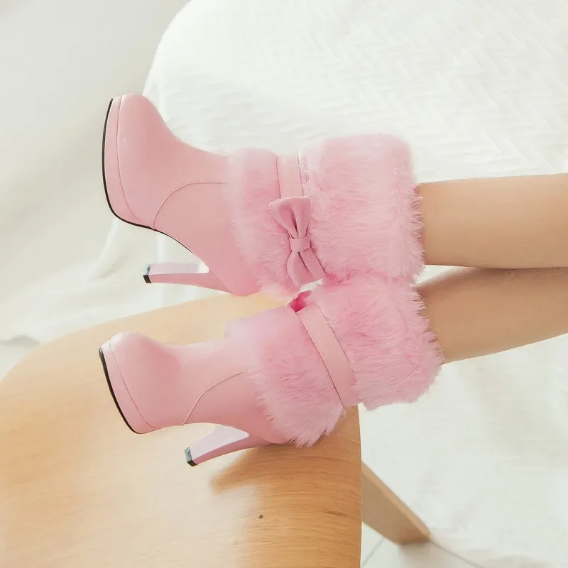 

Женские ботинки на высоком каблуке, розовые, белые или Черные ботильоны с искусственным мехом и бантом на каблуке-шпильке, зимний сезон 2023
