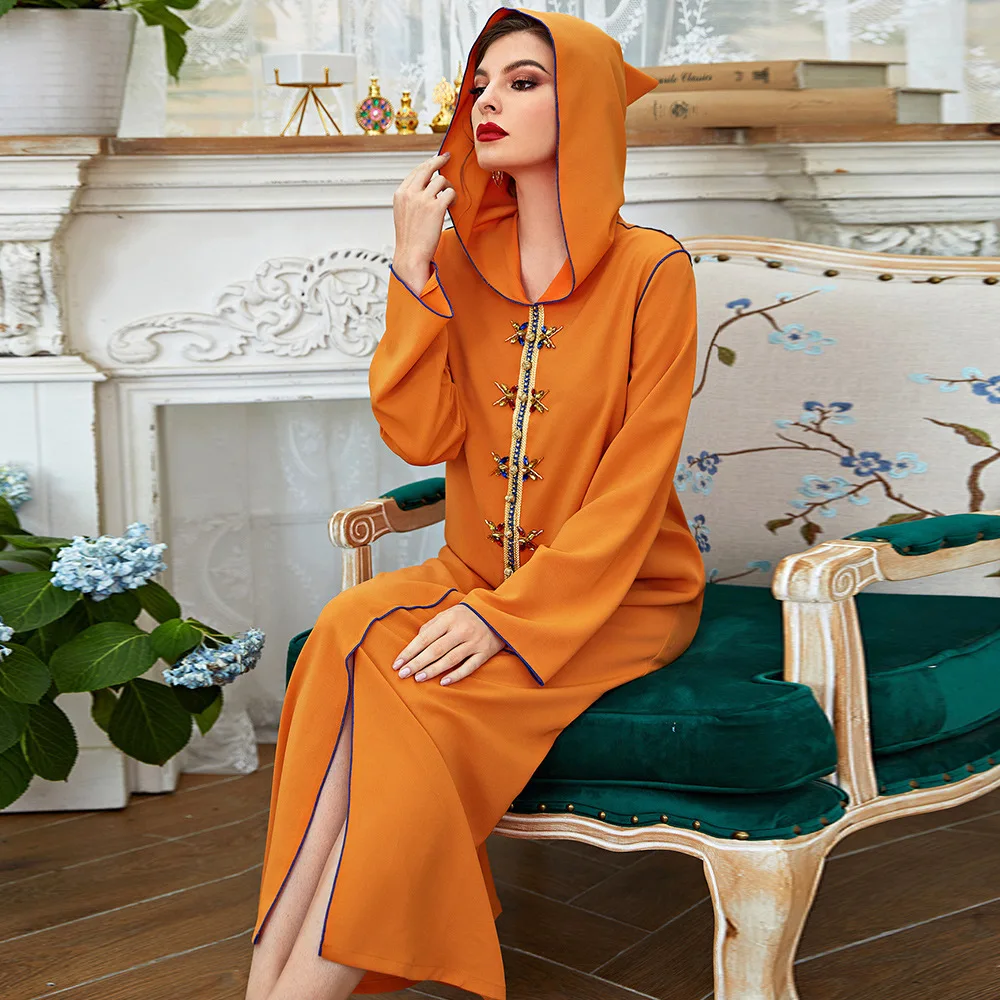 

Dubai Diamonds Long Dress Women Hooded Loose Kaftan Abaya Muslim Islamic Caftan Robe Moroccan Gown Vestidos Jalabiya Djellaba