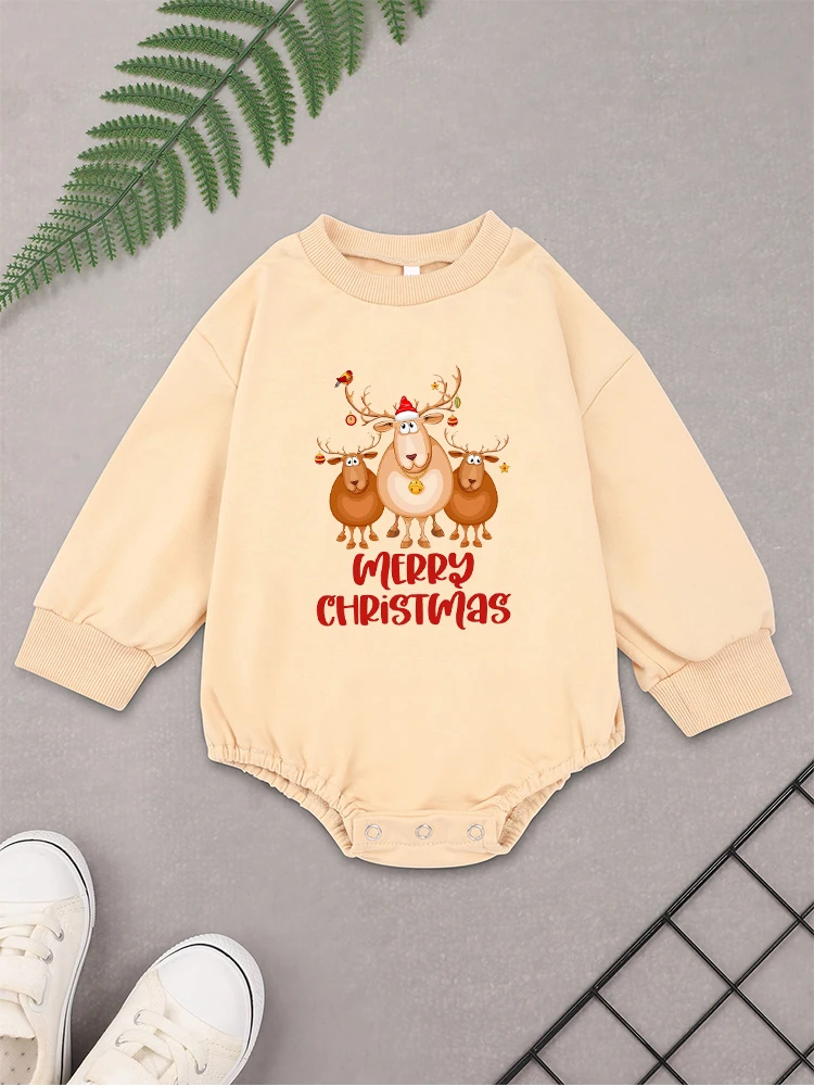 

Merry Christmas Cartoon Reindeer Cute Baby Girl Clothes Onesie Festival Style Fashion Toddler Boy Body Long Sleeve Sweatshirt