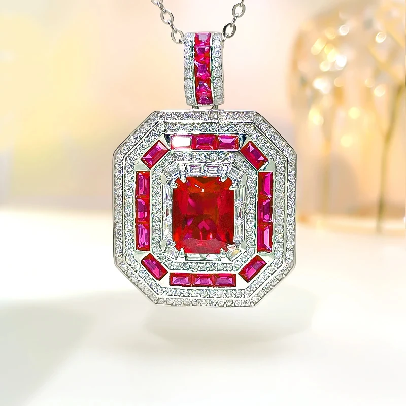 

Multi functional rectangular retro colored treasure 925 sterling silver pendant paired with high carbon diamond wedding jewelry