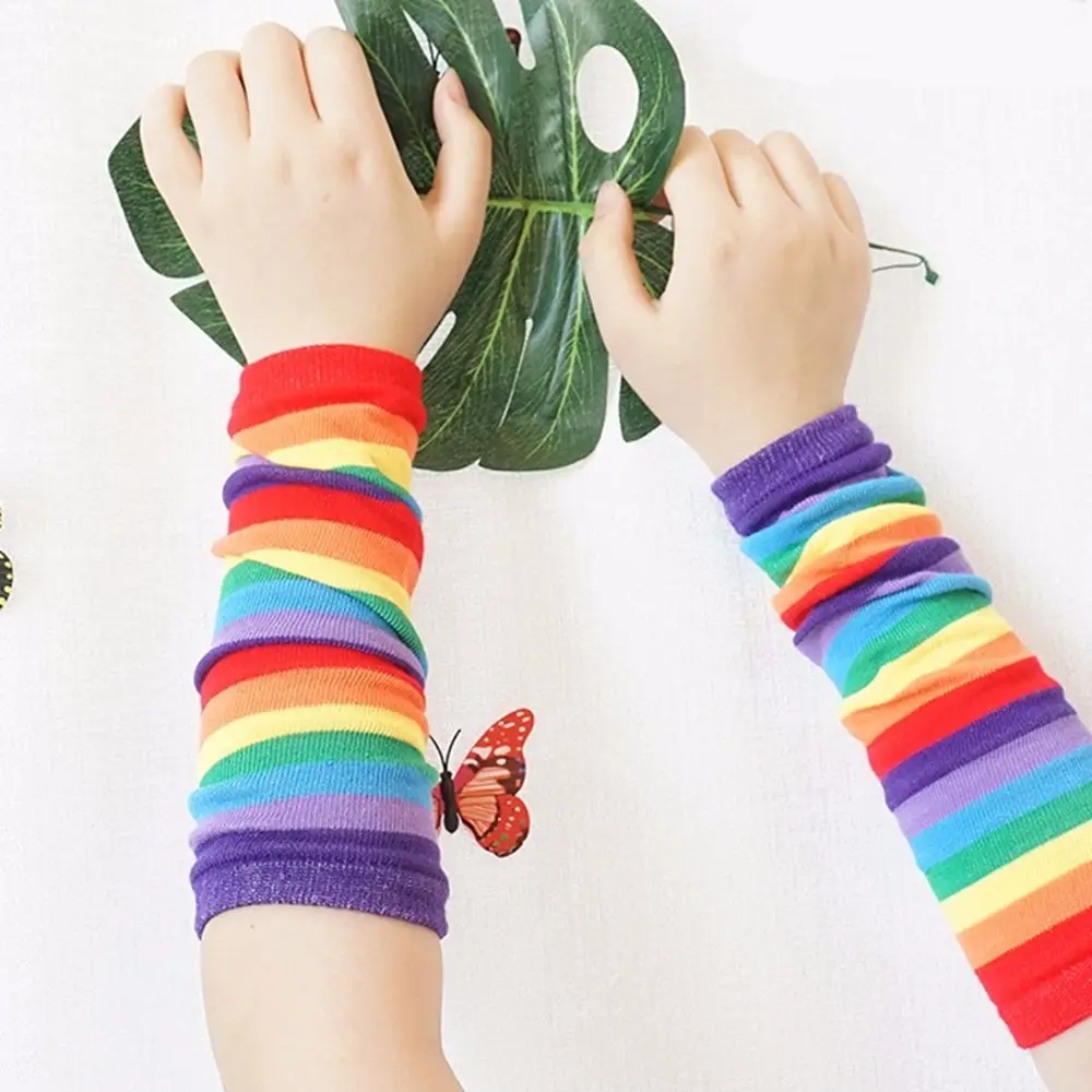 

Lovely Outdoor Girls Printing Sun Protective Summer Knitting Gloves Rainbow Sleeve Cuff Female Arm Warmers Striped Arm Warmers