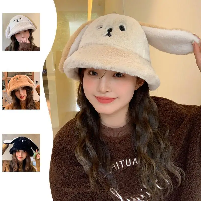 

Cute Puppy Dog Ears Plush Cap For Women Autumn And Winter Warm Bucket Hat Ladies Rabbit Fur Fisherman Hat Soft Thicken Basin Hat