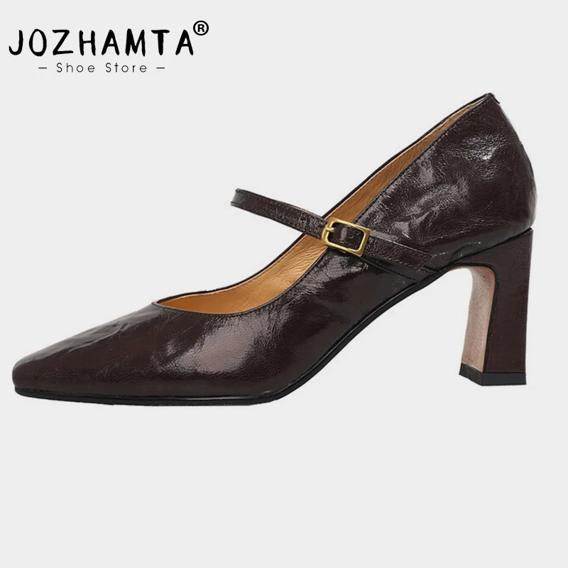 

Новинка, женские офисные туфли JOZHAMTA на толстом высоком каблуке, размер 33-40, Туфли Мэри Джейн из натуральной кожи, офисные туфли