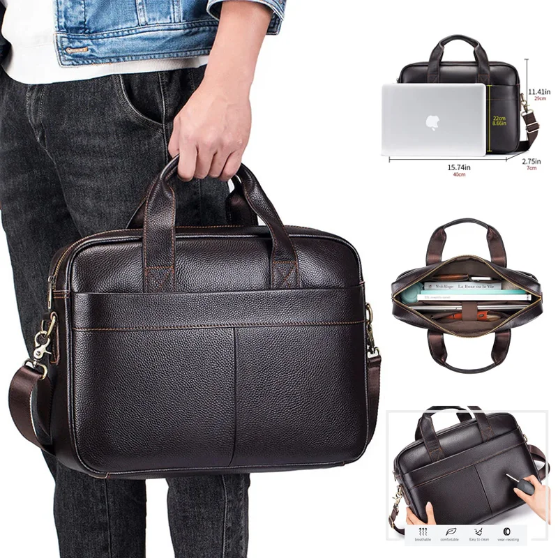 

New Men's Briefcase Business Handbag 100% Genuine Leather 14 inch Men's Laptop Bag Multi functional File Bag Luxury Men's Bag