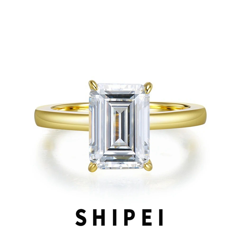

SHIPEI Classic 925 Sterling Silver Emerald Cut White Sapphire Gemstone 18K Gold Plated Ring Wedding Engagement Fine Jewelry Gift