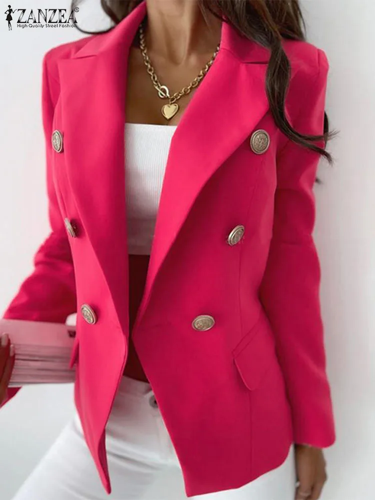 

Женский пиджак с длинным рукавом ZANZEA, элегантный официальный Блейзер 2023, модная Осенняя двубортная повседневная куртка на пуговицах, однотонная верхняя одежда