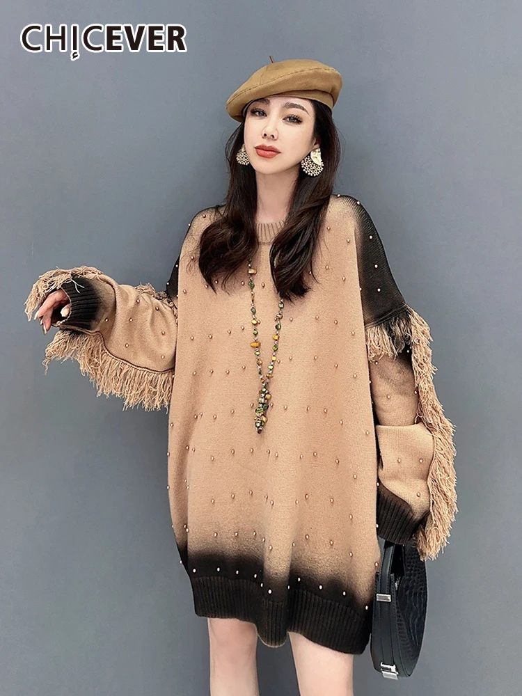 

CHICEVER Patchwork Tassels Sweaters For Women Round Neck Long Sleeve Spliced Embroidered Flares Hit Color Knit Sweater Female