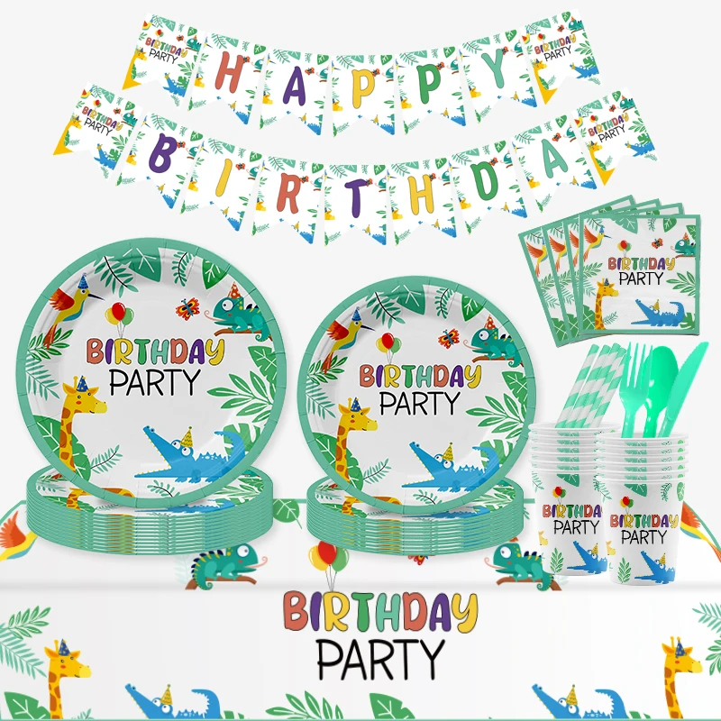 

10 Guest New Happy Birthday Paper Plates Napkins Party Supplies Cute Cartoon Crocodile Prints Girl Boy Decoration Baby Shower