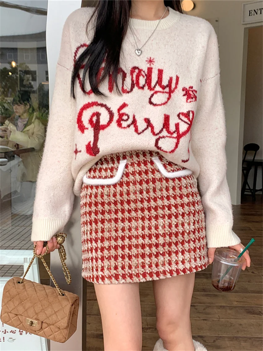 

Alien Kitty Elegant New Years Sweaters Lazy Style Women Chic 2024 Spring Office Lady Loose Knitted Gentle Plaid Mini Skirts