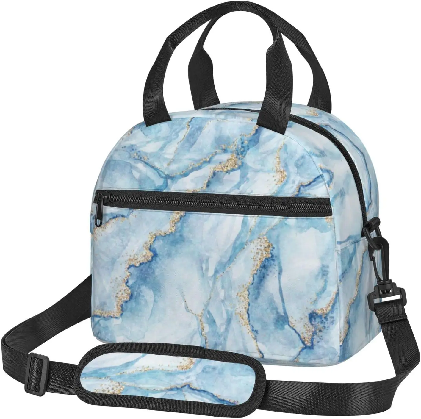 

Blue Marble With Gold Glitter Marbling Texture Lunch Bag Reusable Insulated Lunch Tote Bag Lunchbox Container With Adjustable