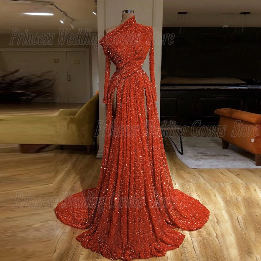 

Luxury Sequin Dresses For Wedding Party Woman Sexy Side Slit Long Sleeve Evening Gown lit Prom Dress Sweep Train Pleat Vestidos