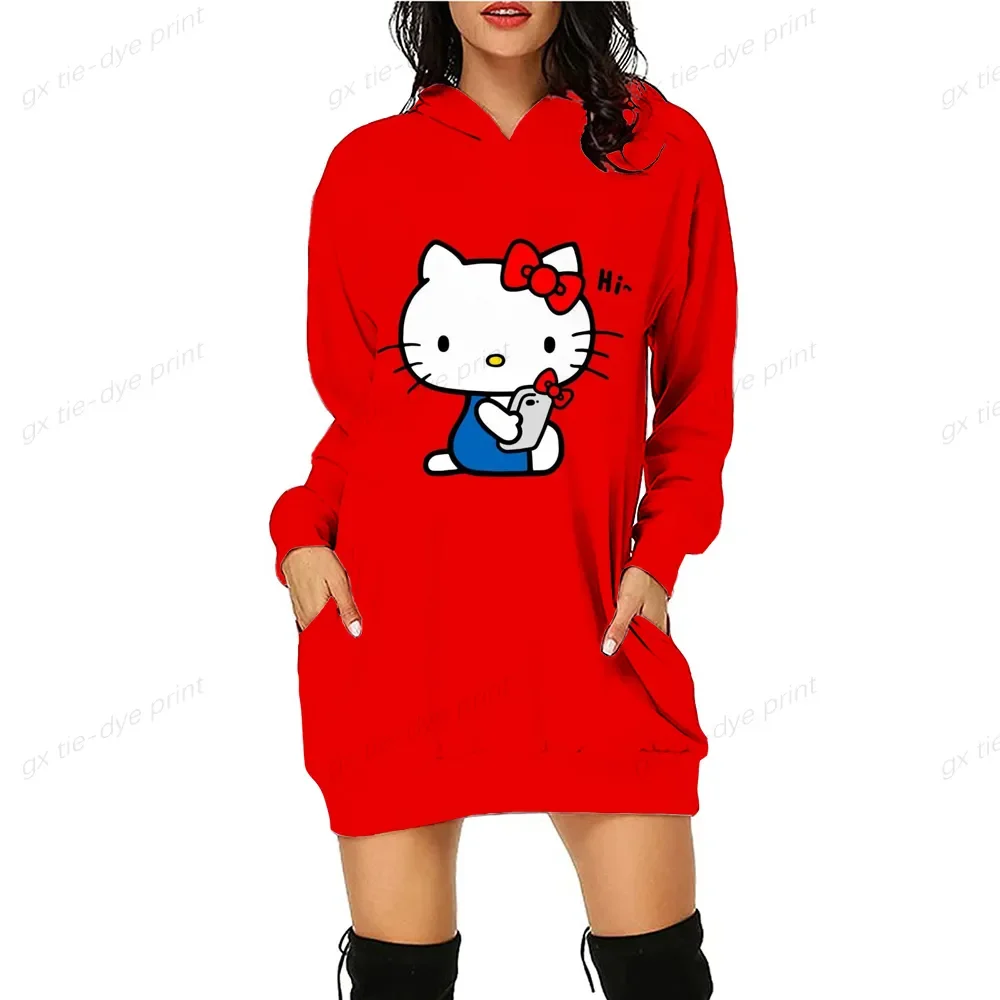 

Женские толстовки с принтом Hello Kitty, повседневные свитшоты с длинным рукавом, осенние свободные пуловеры в стиле High Street, свитшоты, платье, 2024