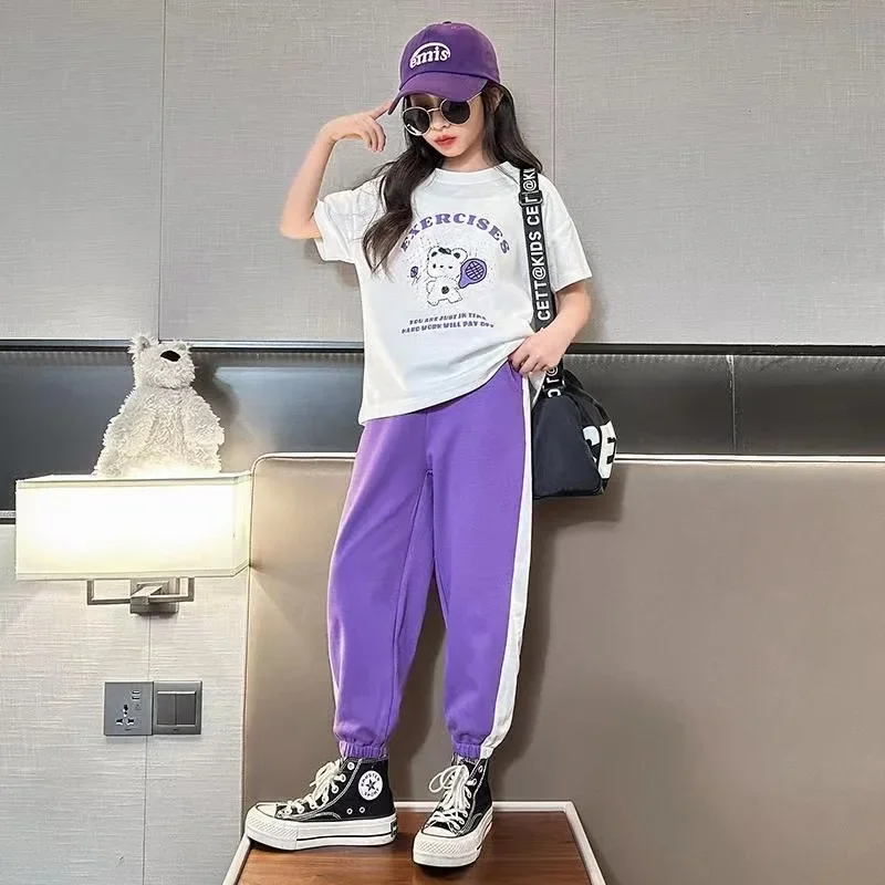 2024 summer Kids Girls Tracksuit Letter bear Teenager t-shirt + striped Ankle-tied pants Clothes children Set 4 6 8 10 12 Years
2024 summer Kids Girls Tracksuit Letter bear Teenager t-shirt + striped Ankle-tied pants Clothes children Set 4 6 8 10 12 Years