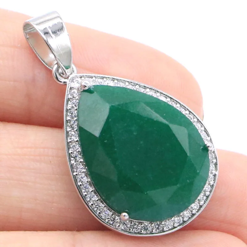 

38x19mm Big Drop Gemstone 20x15mm Jewelry Set Real Green Emerald CZ Women Engagement Silver Pendant Earrings