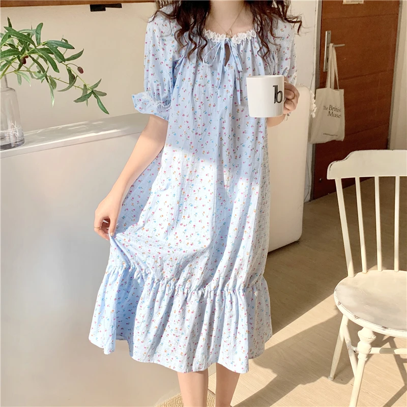 Blue Floral Print Lacework Cotton Nightgown Women Short Sleeve Summer Comfortable Sleepwear Home Clothes Cute Nightdress S002
Blue Floral Print Lacework Cotton Nightgown Women Short Sleeve Summer Comfortable Sleepwear Home Clothes Cute Nightdress S002