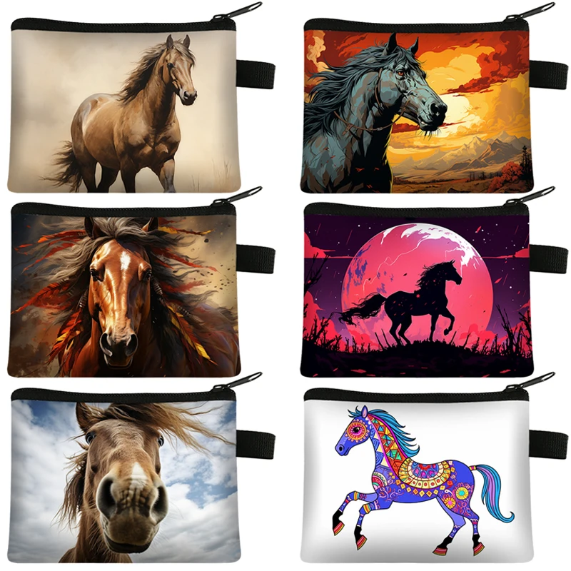 

Running Horse Coin Purse Colorful Indian War Horse Cloud Backlit Paint Mini Wallet Man Women Credit Holder Money Coins Bag Gift