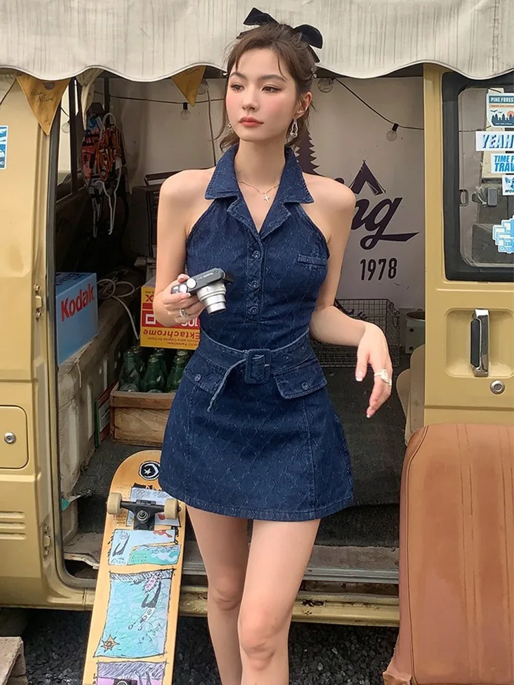 Women Denim Sleeveless Dress Blue Korean Fashion Polo Collar Sashes High Waist A-Line Vintage Elegant Chic Vestidos Summer New
Women Denim Sleeveless Dress Blue Korean Fashion Polo Collar Sashes High Waist A-Line Vintage Elegant Chic Vestidos Summer New