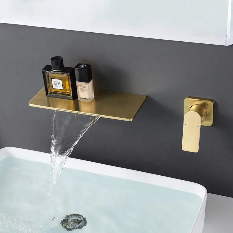 

Brushed Gold Brass Basin Faucet Waterfall Output Hot and Cold Water Wall Mounted Split Independent Switch Faucet