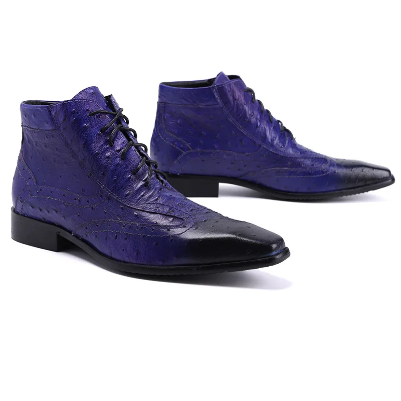 

Blue Crocodile Pattern Fashion Ankle Boots Big Yards Square Toe Lace Up Genuine Leather Martin Boots Men High Top Dress Shoes