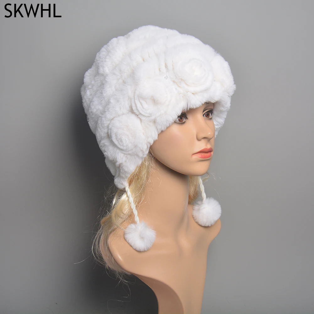 

Женская меховая шапка для зимы, шапка из натурального кролика Рекс, русские женские меховые головные уборы, уличные теплые ушные шапки с цветами, шапки