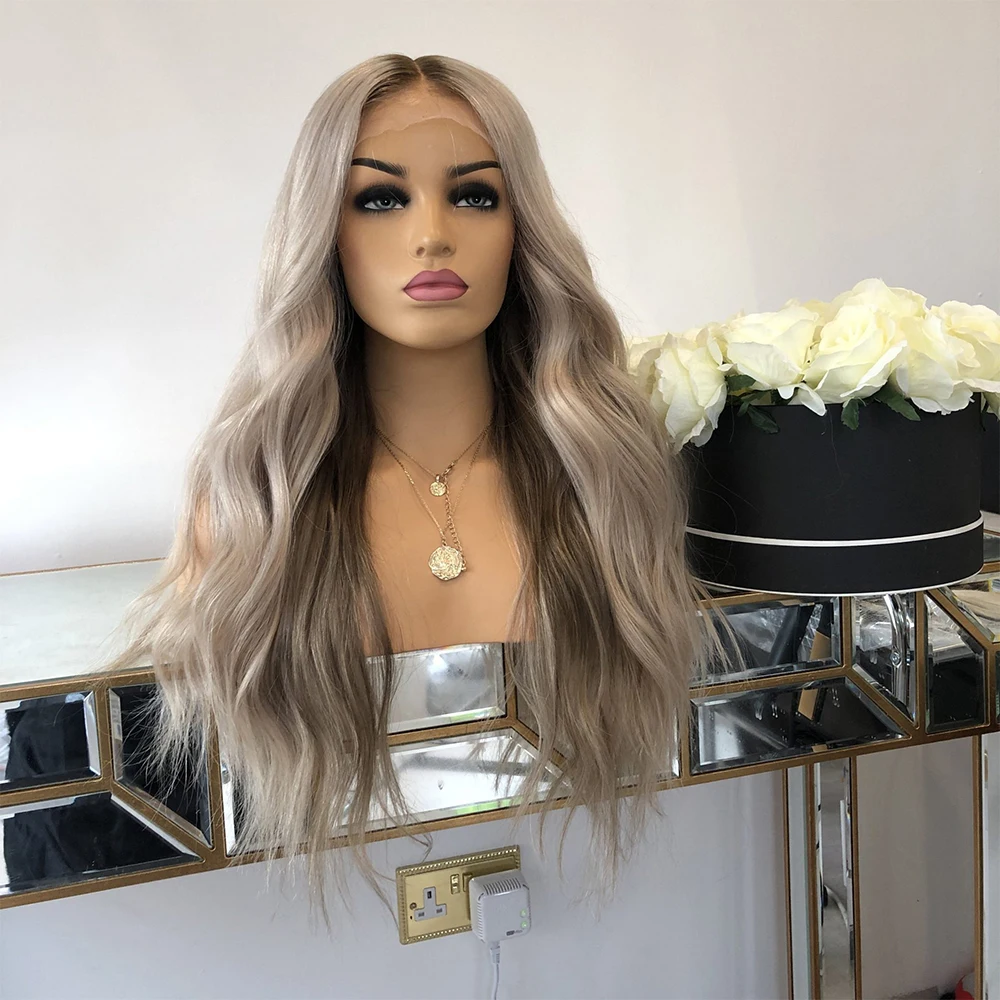 

Platinum Ash Blonde with #6 Roots Full Lace Wig Virgin Human Hair Highlights Lace Front Wig 13x6 26" 200% Slight Wavy HD Wig