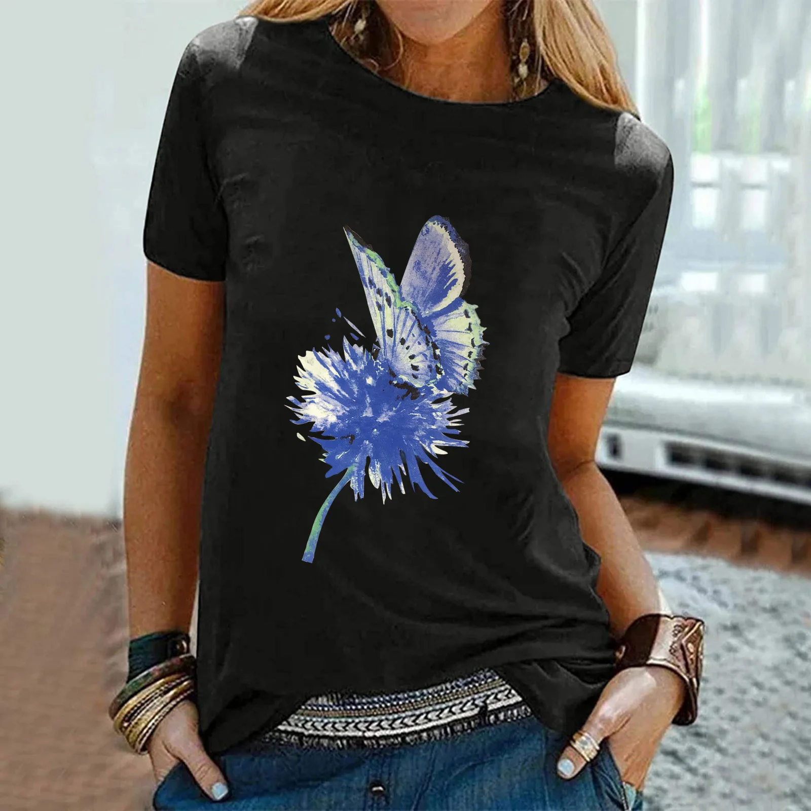 Women's Top Summer Butterfly Print Round Neck Short Sleeve T-Shirt Fashion Commuter Casual Versatile Lady Bottoming Shirt
Women's Top Summer Butterfly Print Round Neck Short Sleeve T-Shirt Fashion Commuter Casual Versatile Lady Bottoming Shirt