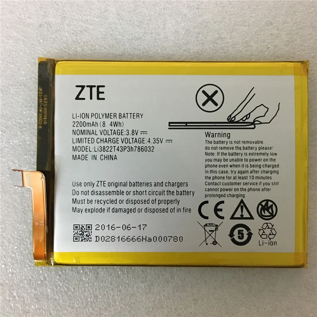 Аккумулятор 3,8 в 2200 мАч Li3822T43P3h786032 Orbic/ZTE Blade V6 ZTE Blade D6 / ZTE Blade X7 
Аккумулятор 3,8 в 2200 мАч Li3822T43P3h786032 Orbic/ZTE Blade V6 ZTE Blade D6 / ZTE Blade X7