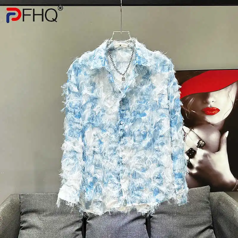 

PFHQ Men's Summer Long Sleeved Tops Trendy Transparent Three Dimensional Tassel Contrast Color Cool Popular Male Shirts 21Z4333