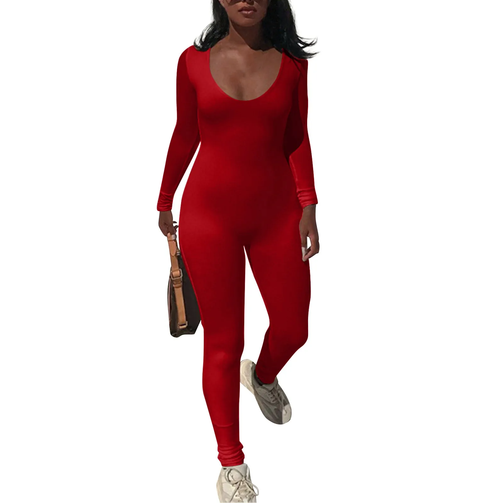

Women's Jumpsuit Solid Color Sexy Tight Fitting Elastic Sports Long Sleeved Jumpsuit macacão social feminino elegante 2024