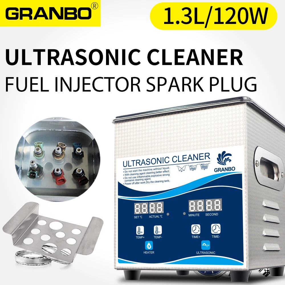 

Granbo 1.3L Ultrasonic Fuel Nozzle Cleaner 120W Power Hot Water Cleaning Bath Oil Nozzle Spark Plug Small Injectors Parts