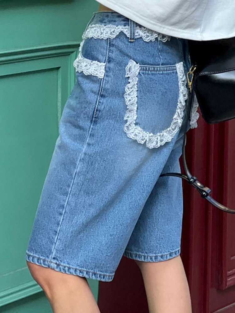 

Lace Jeans Bermuda Women High Waist Wide Leg Capris Pocket 2024 Blue Shorts Teen Girls Summer Beach Loose Casual Denim Shorts