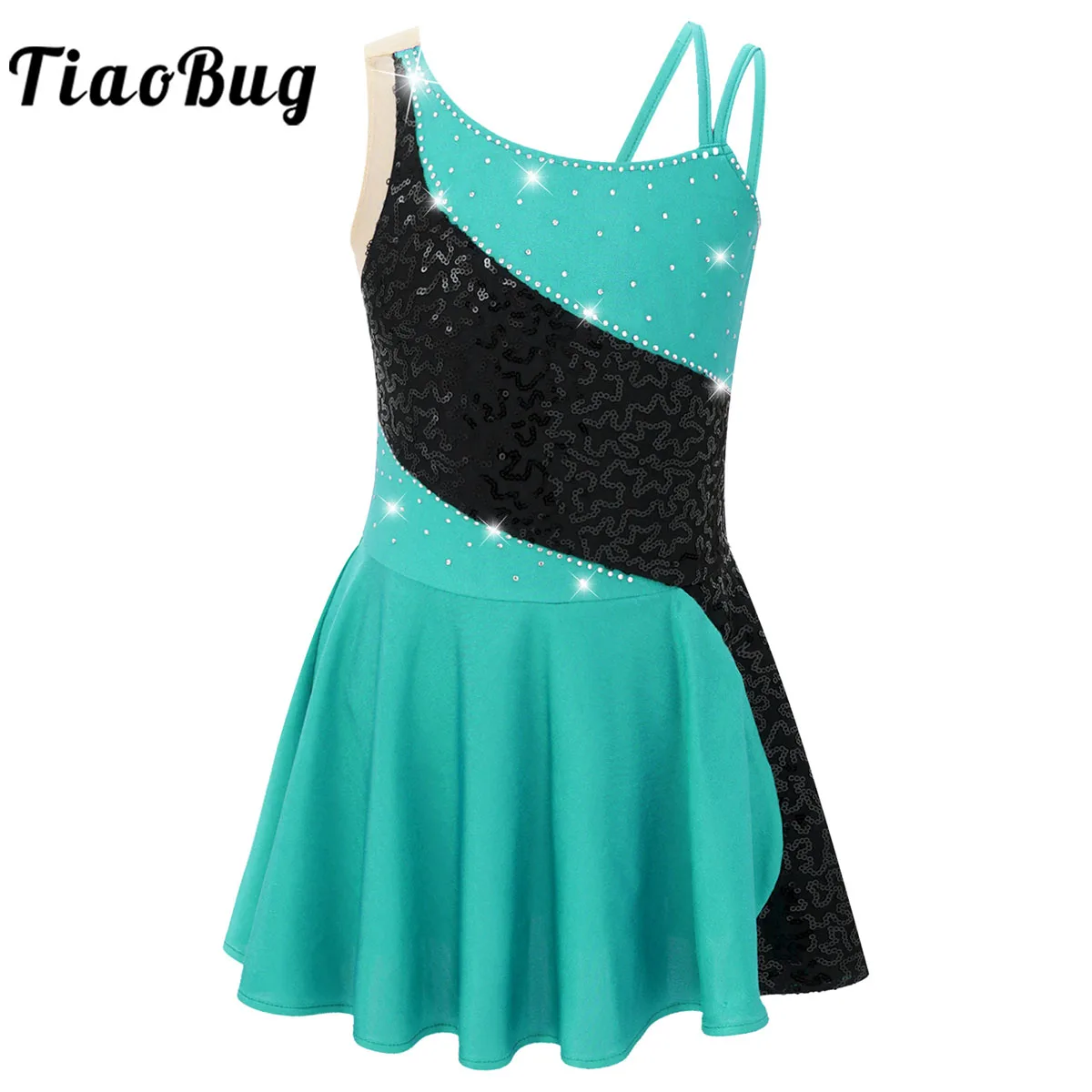 

Rhinestone Figure Ice Skating Dress Kids Girls Sleeveless Ballet Gymnastics Skirted Leotard Roller Skating Ballroom Dancewear