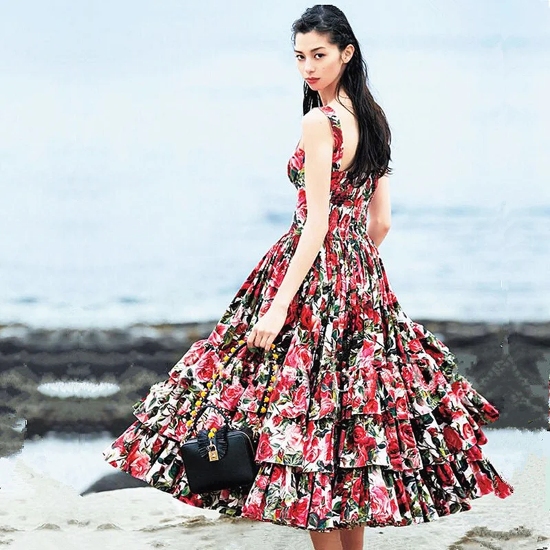 

New Fashion Designer Runway Ball Gown Summer Women Spaghetti Strap Backless Floral Print Cascading Ruffle Beach Dress