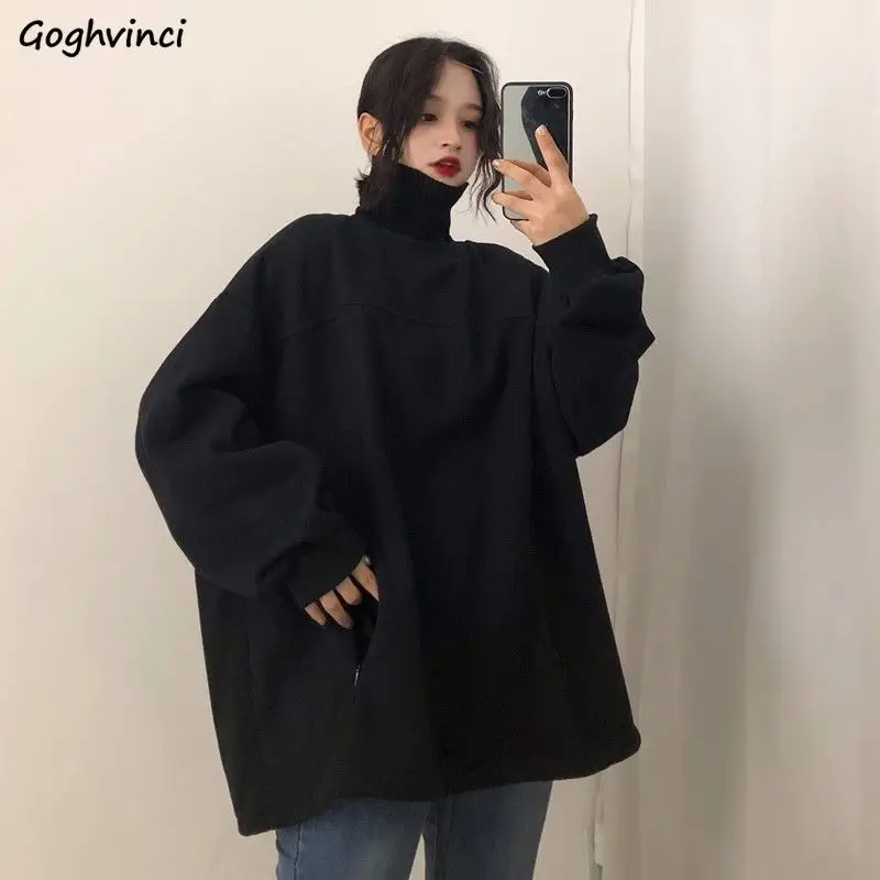 

Sweatshirts Women Turtleneck Solid Harajuku Streetwear Casual Pullovers Simple Stylish BF Long Sleeve Autumn Clothes Basic Loose