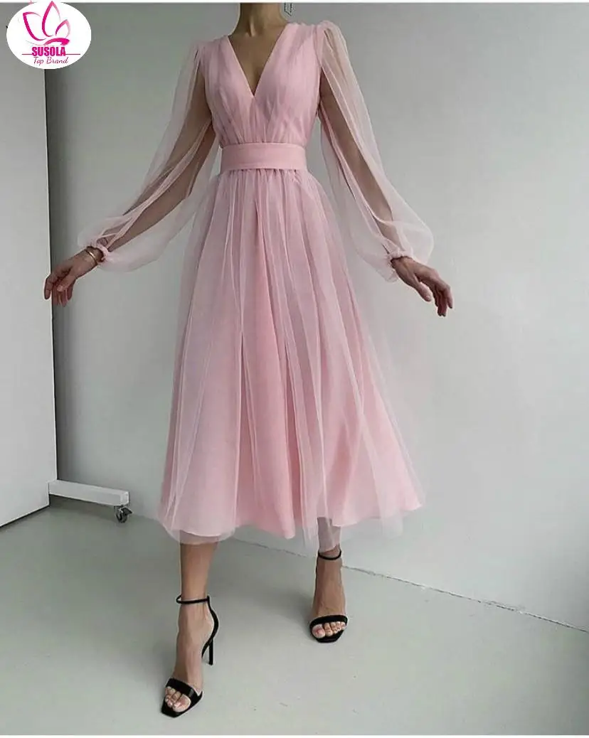 

Deep V-Neck Women Mesh Dress Party Lady Summer Long Puff Sleeve Pink Zipper A-Line Thin Waist Translucent Young Girls Clothes