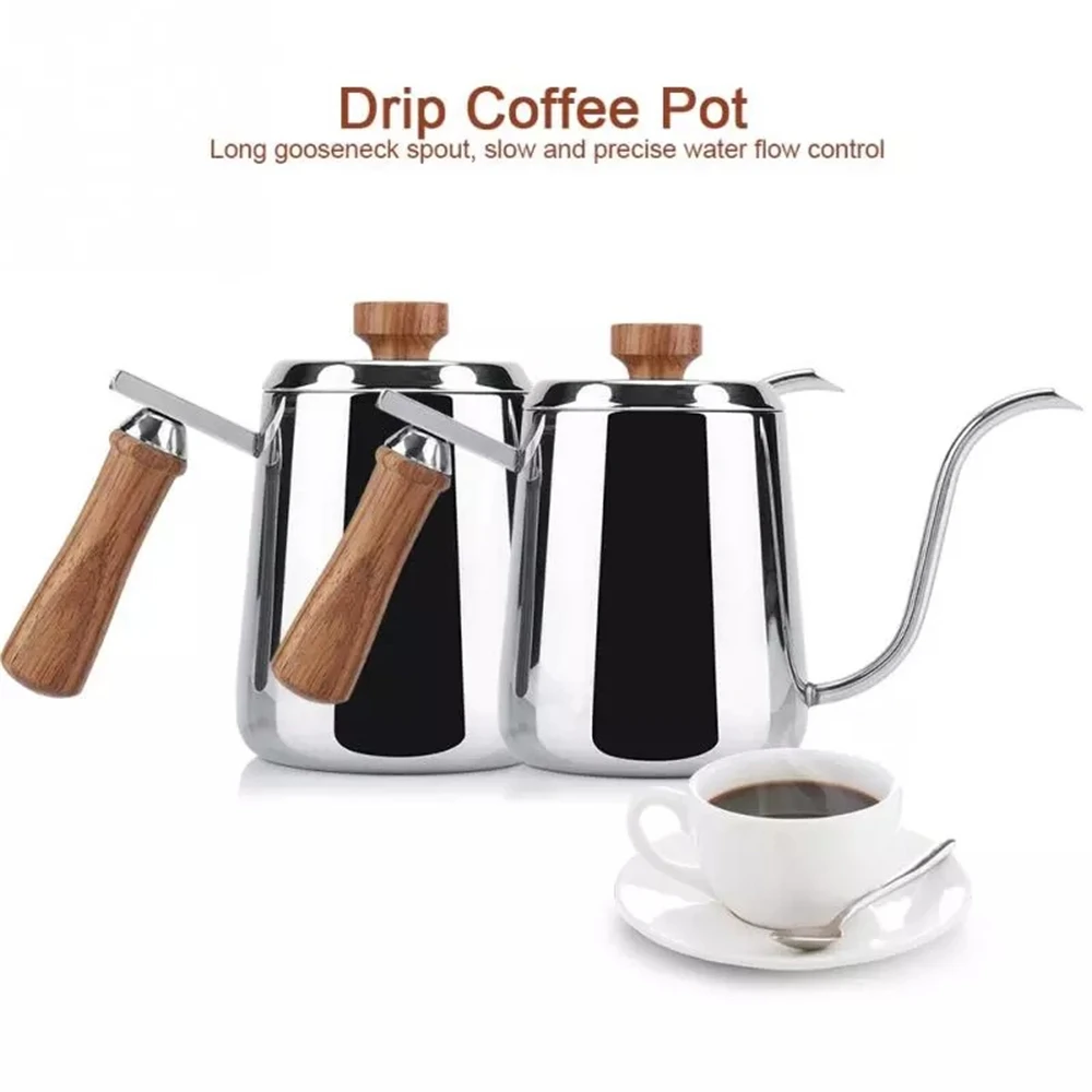 

Gooseneck Coffee Pour Over Drip Kettle, Long Narrow Spout Coffee & Tea Pot With Wooden Handle, 304 Stainless Steel, 350/ 600ml