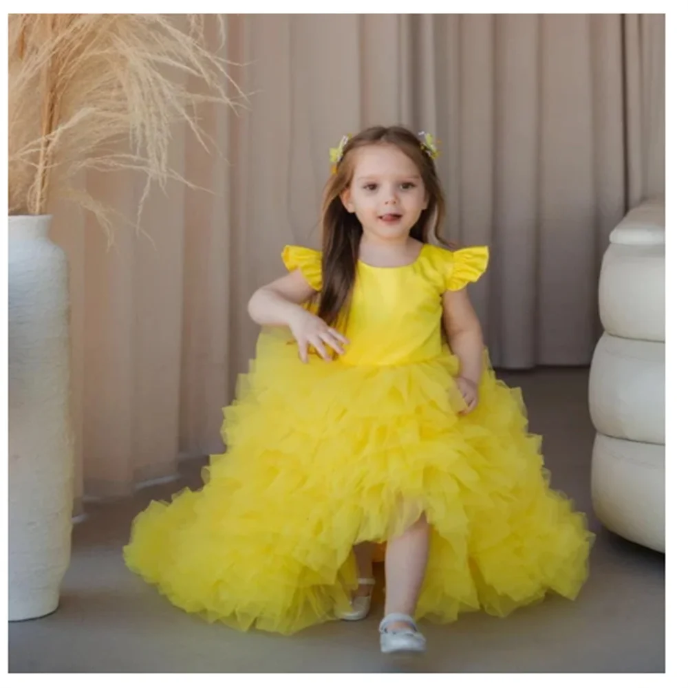 

Yellow Flower Girl Dresses Cute Toddler Tulle Ruffles Hi-Lo Bow Child Wedding Party Birthday Tutu Robe Baby First Communion