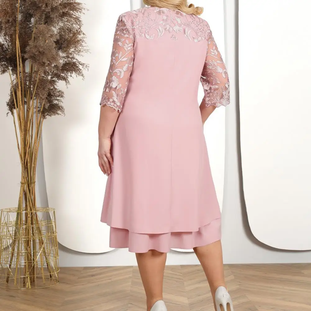

Three-quarter Sleeve Ladylike Dress Midi Dress with Chiffon Splicing Elegant Plus Size Mesh Patchwork Midi Dress for Women's