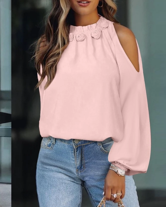 

Fashionable 2024 Handsome and Beautiful Rose Details Lantern Sleeves Casual Cold Shoulder Long Sleeved Shirt Clothes
