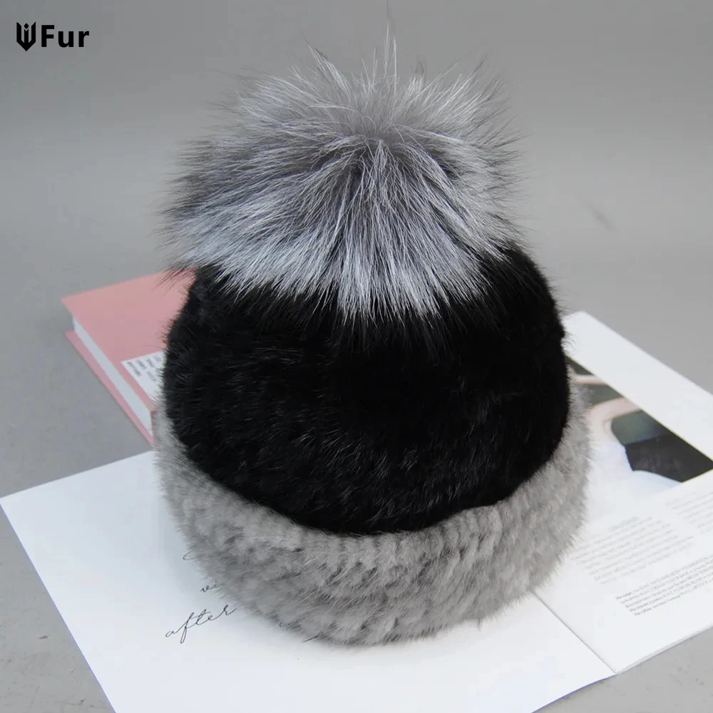 

2023 New Lovely Real Mink Fur Hat Women Winter Knitted Real Mink Fur Beanies Hats Fox Fur Pom Poms Thick Warm Real Mink Fur Cap