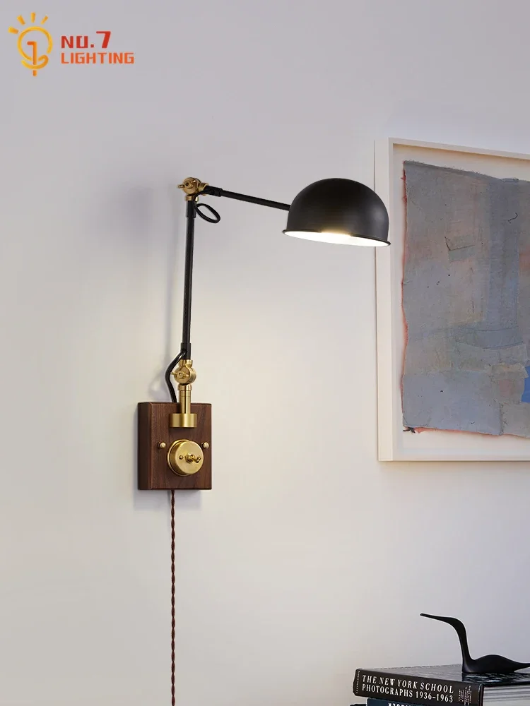 

Японский ретро настенный светильник из ореховой древесины, латунь, со светодиодным выключателем E27, длинная рукоятка, промышленный настенный прикроватный светильник для спальни, чтения, кабинета