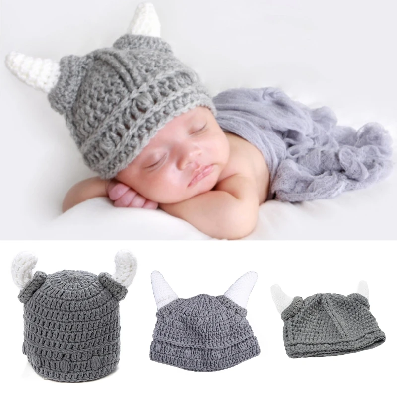 

652F Adult Kids Handmade Crochet Knitted Beanie Hat Cute Funny Ox Horn Parent-Child Barbarian Viking Stretchy Skullies Cap