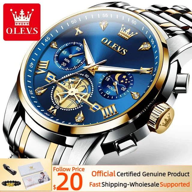 OLEVS-Montre à Quartz pour Homme, Modules de Volant d'Inertie, Chronographe Seton, Phase de Lune, Montres-Bracelets Multifonctionnelles en Acier Inoxydable, 2856 1
