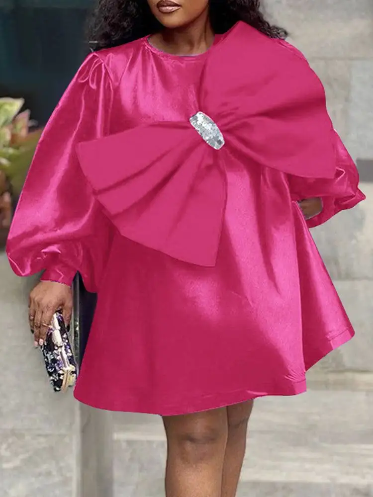 

Элегантное летнее атласное платье VONDA 2024, женское платье с длинным пышным рукавом и большим галстуком-бабочкой, модное свободное однотонное Повседневное платье